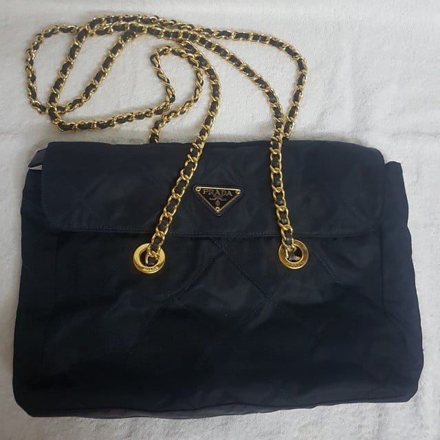 Authentic Prada Tessuto Nylon Golden Chain Bag, Women's Fashion, Bags