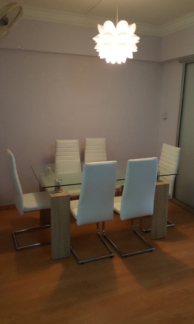 Sale Designer Glass Top Dining Table W 6 Leather Chairs Furniture Tables Chairs On Carousell