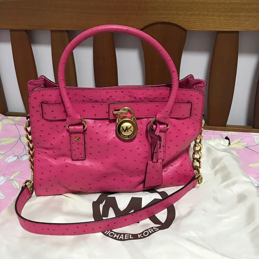 MICHAEL Michael Kors Pink Ostrich Embossed Leather Large Hamilton