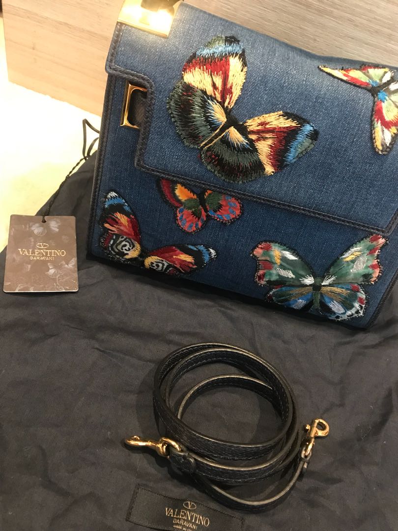Preloved Valentino denim bag with butterfly embroidery Luxury