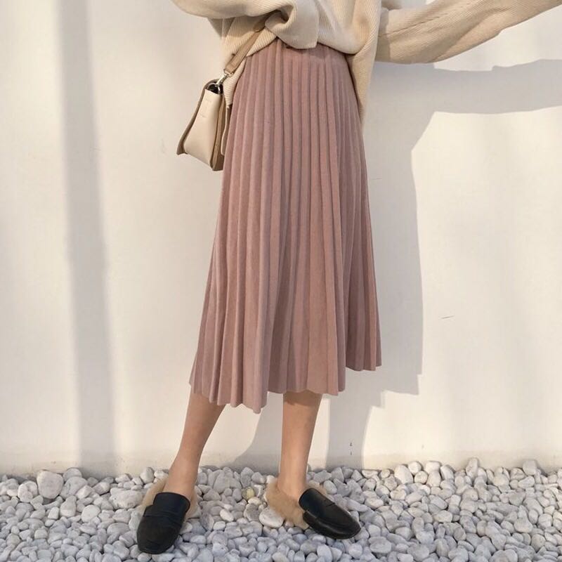Pastel Coloured Pleated Designed Korean Style Midi Skirt Women S