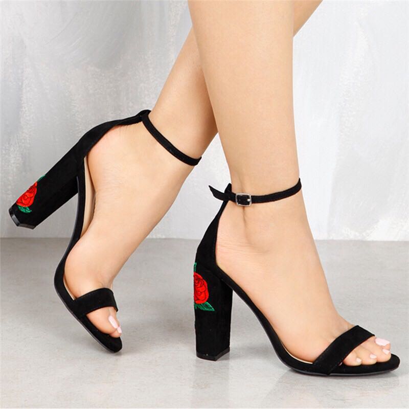 black heels with flower embroidery