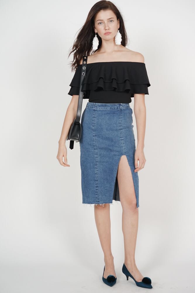 MDS Denim Slit Skirt in Blue, Women's