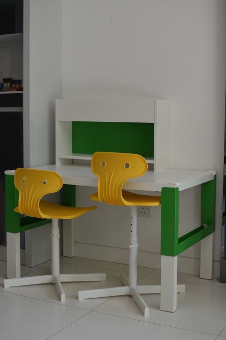 Ikea Pahl Desk With Add On Unit And Two Chairs White Green Yellow Furniture Tables Chairs On Carousell