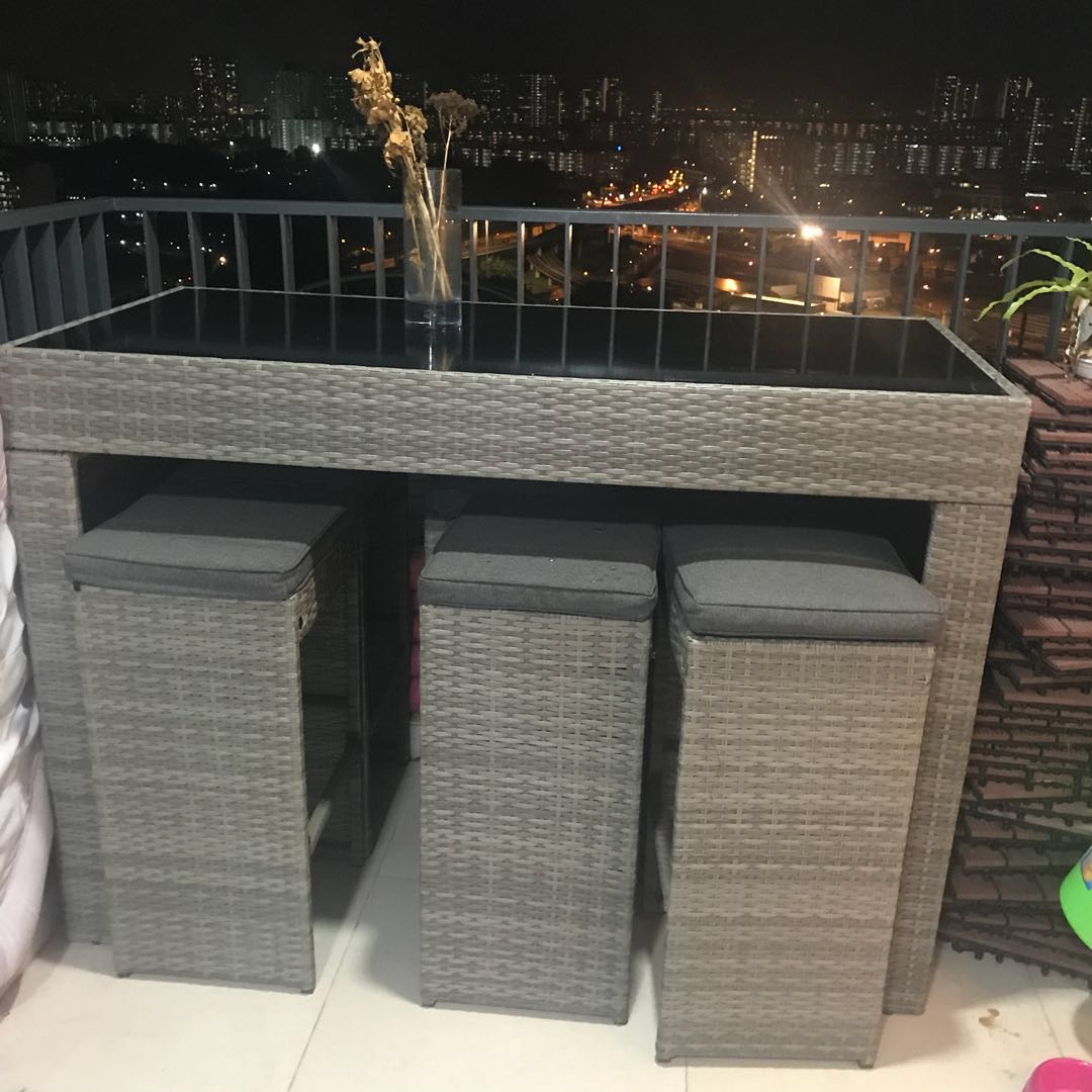 Outdoor glass table + 6 chairs, Furniture & Home Living, Furniture