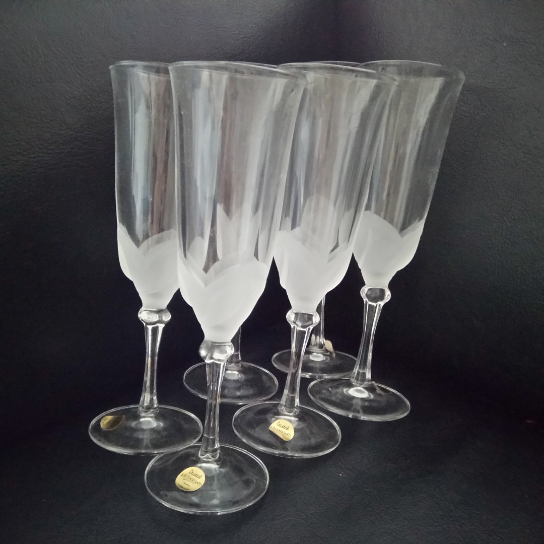 6 piece JG Durand Florence Satine Crystal CHAMPAGNE FLUTES Set. New