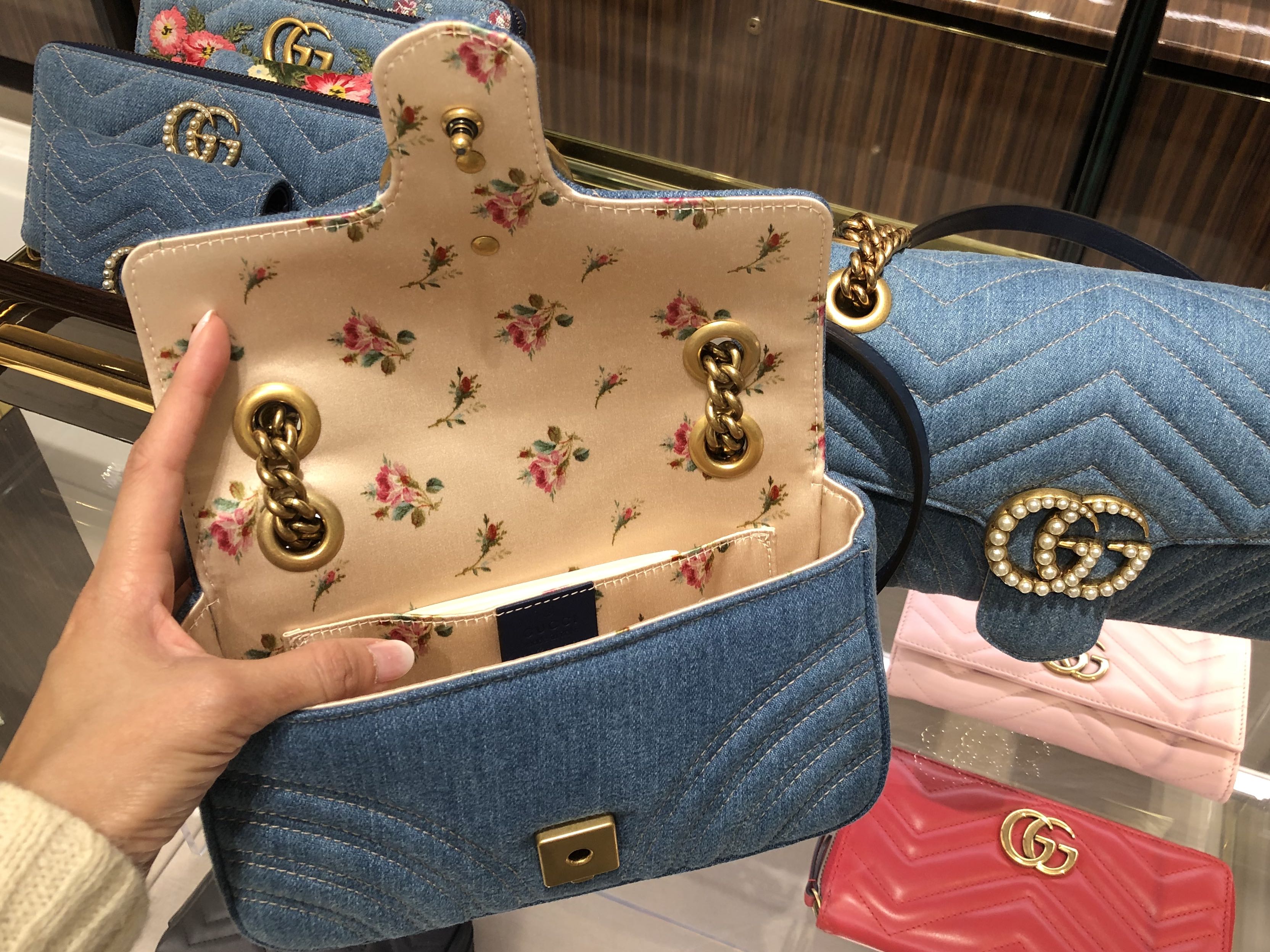 Gucci Gg Marmont 2.0 Imitation Pearl Embellished Denim Crossbody Bag in  Blue | Lyst Australia