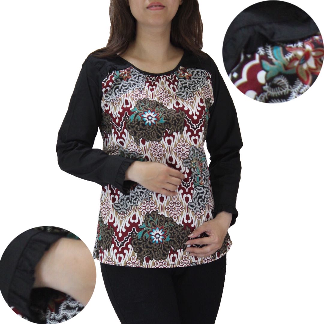 Atasan Blouse Batik Wanita Model Rumbai Lengan Panjang Motif Batik