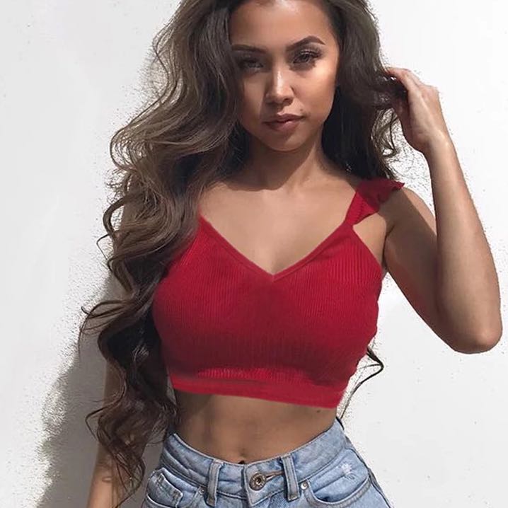 Burgundy Frilly Frills Ruffles Ribbed Cami Tank Crop Top Tumblr
