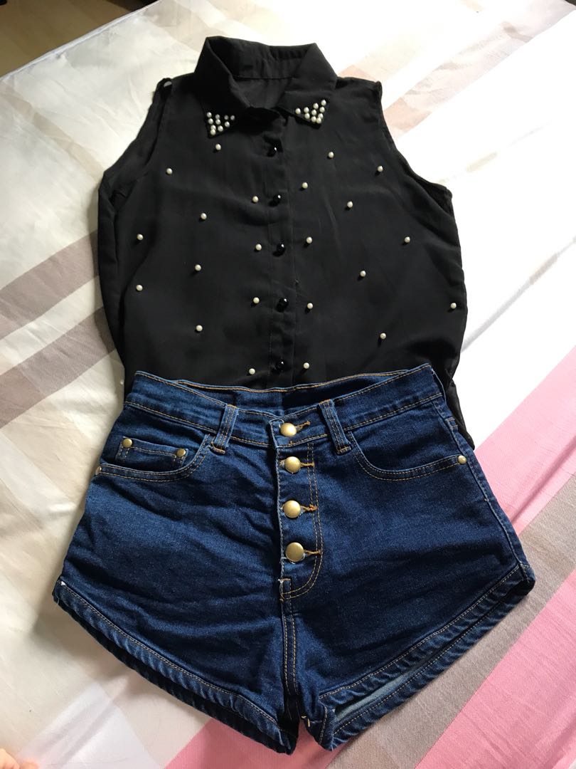 Jeans Short With Black Transparent Top Whole Set Women S