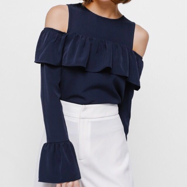 navy ruffle sleeve top