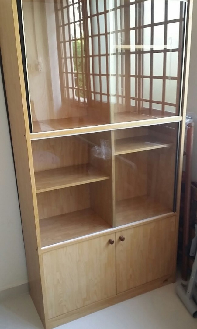 Wood Bookshelf With Glass Sliding Doors, Shallow Bookcase With Sliding Doors