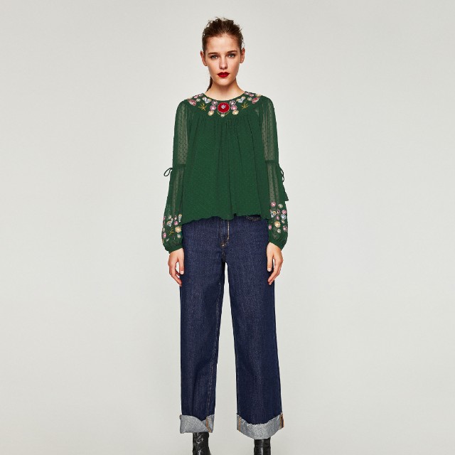Zara embroidered top in forest green 