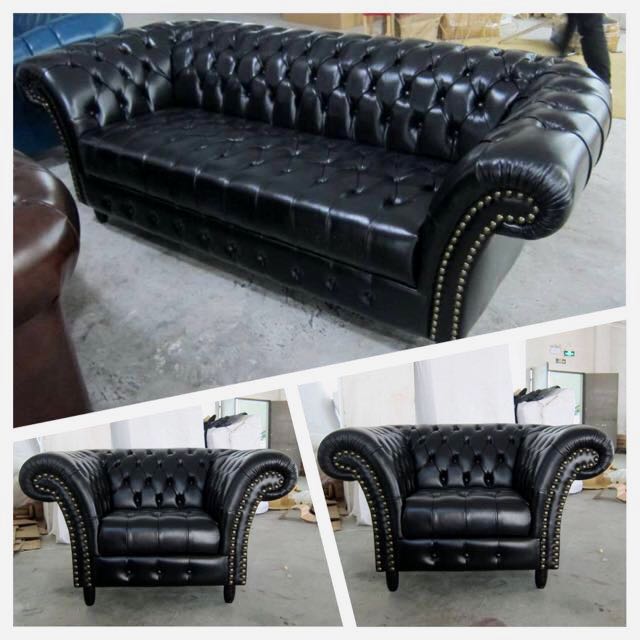 3 1 1 Victorian Black Chesterfield Half Leather Sofa Furniture