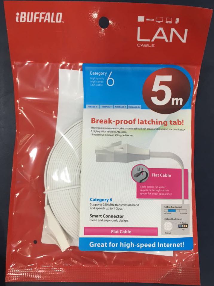Buffalo CAT6 Flat LAN Cable with break proof connector, Computers
