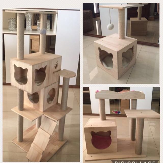 Sold Solid Pine Wood Cat Tree Condo Scratch Post House Bed Pet