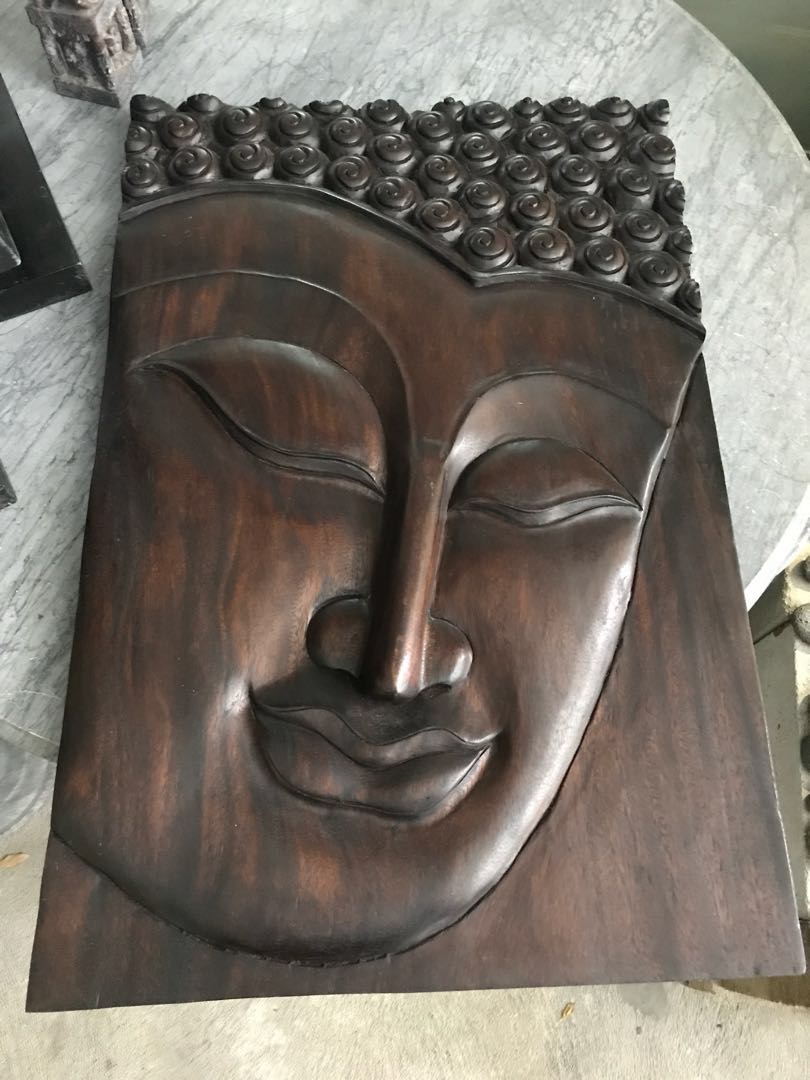 Carved Teak Wood Buddha Face Wooden Wall Decor Panel, Furniture & Home Living, Home Decor, Wall