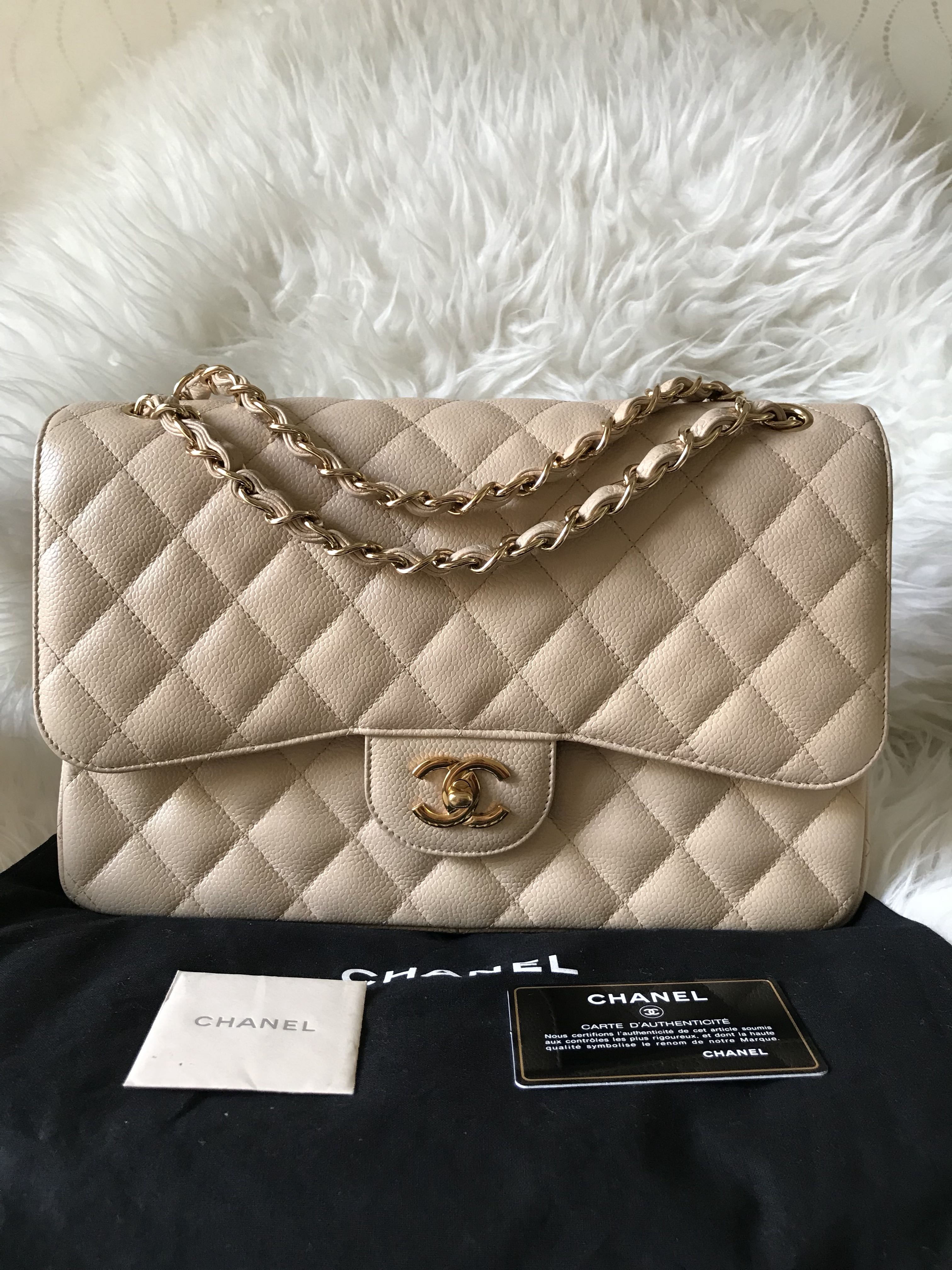 Chanel Beige Caviar Leather Classic Jumbo Double Flap GHW