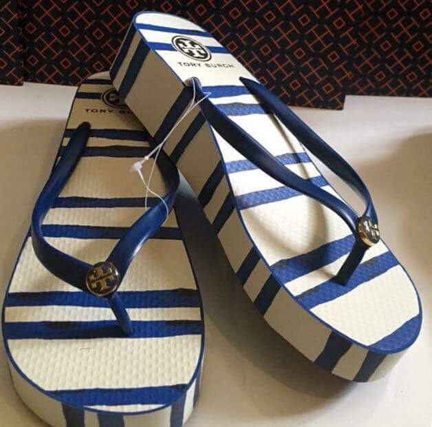 Tory Burch Wedge Flip Flops Blue Stripes, Women's Fashion, Footwear,  Slippers and slides on Carousell