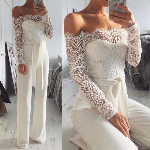 white lace off shoulder jumpsuit