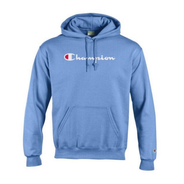 light blue champion script logo hoodie