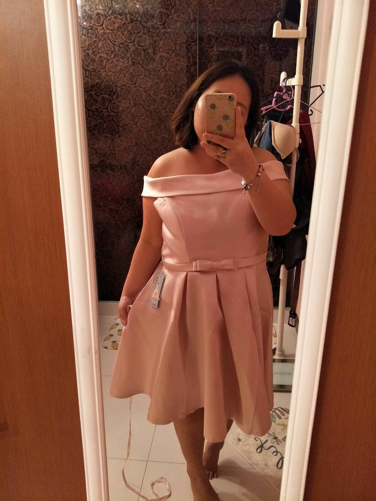 pastel pink off the shoulder dress