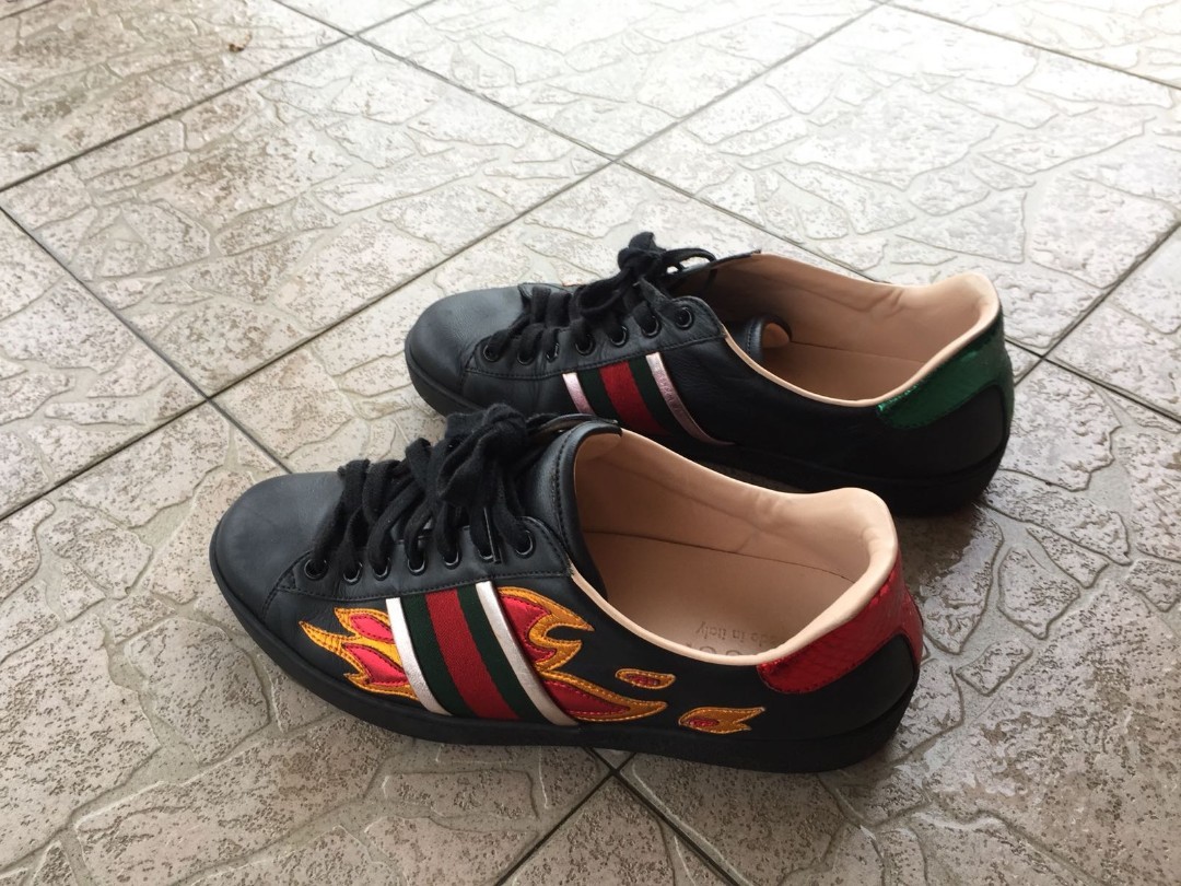 Gucci Ace Embroidered Sneakers Flame Black Red Green Orange Shoes Men's  7.5US