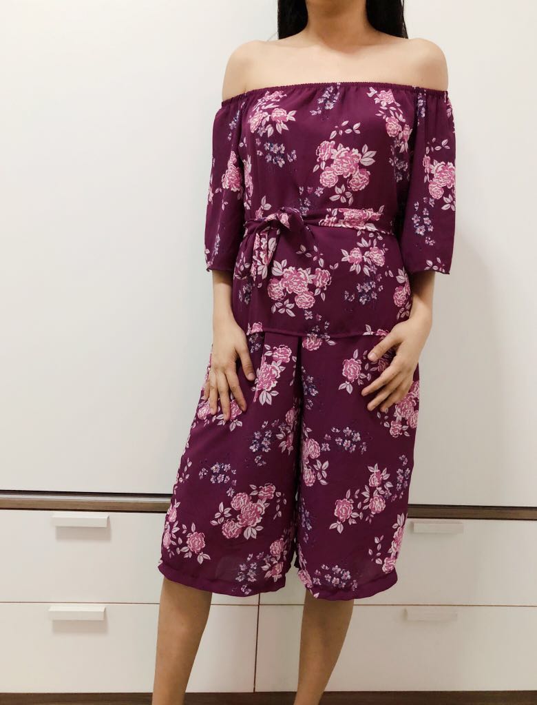 purple off the shoulder jumpsuit