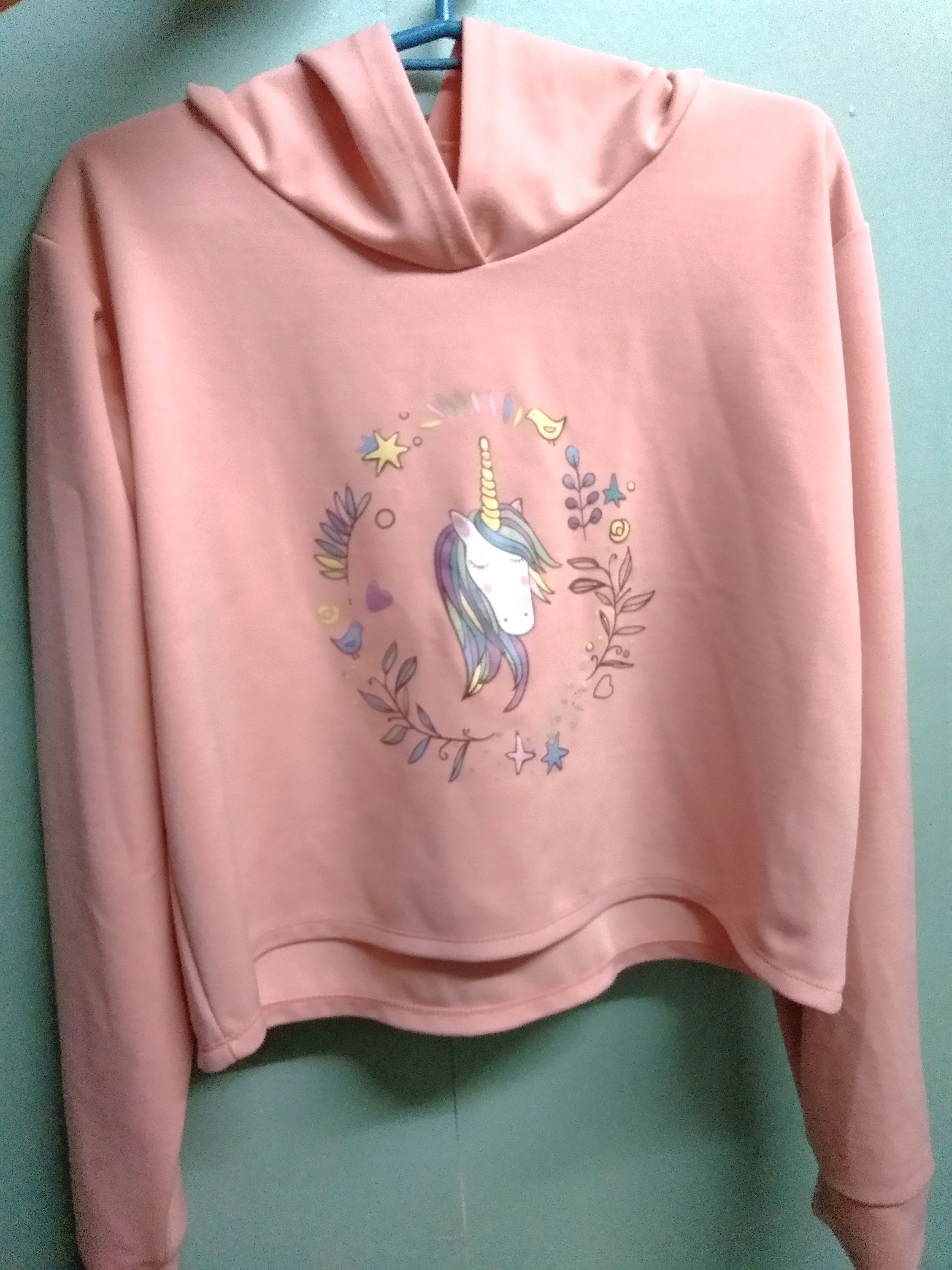 Crop Top Hoodie Unicorn Design Peach Women S Fashion Clothes