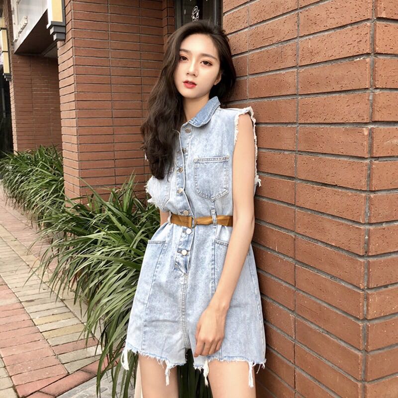 Hong Kong Style Sleeveless Burst Loose Denim Jumpsuit Women S Fashion Clothes Rompers Jumpsuits On Carousell