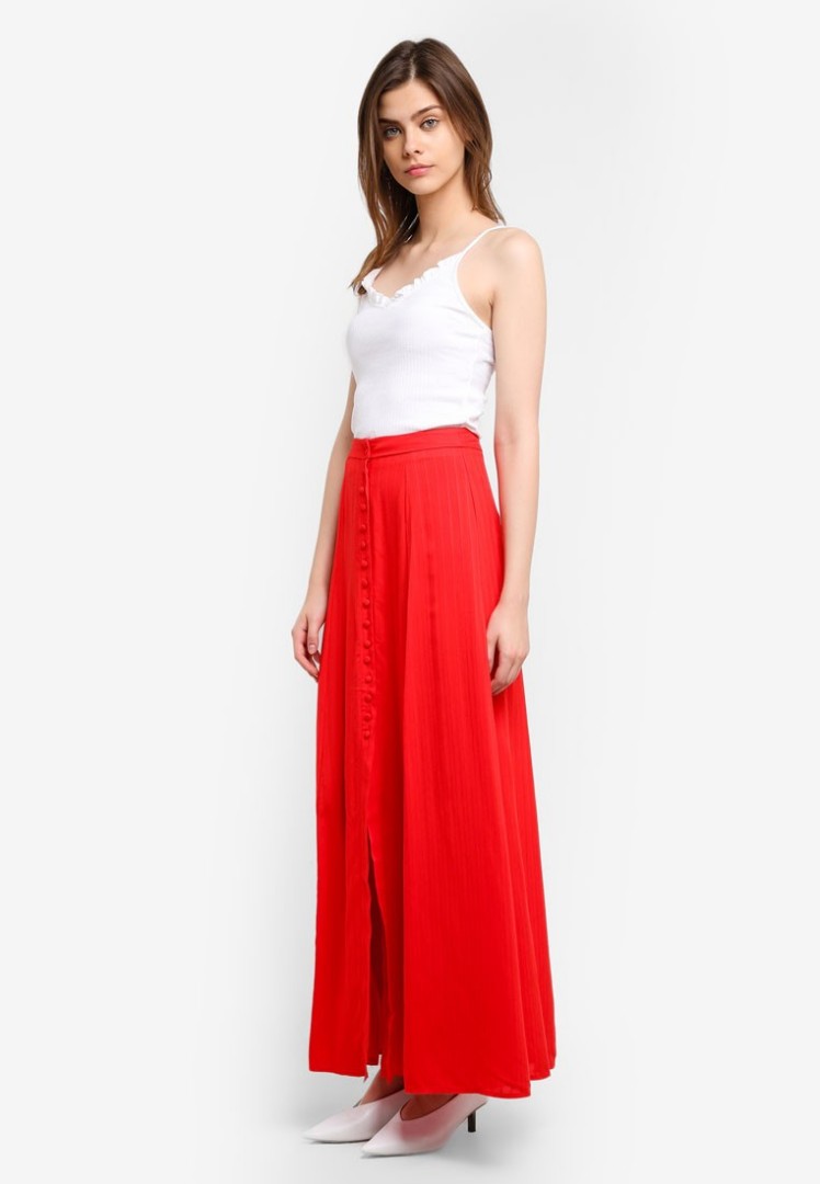 MDS Red Buttoned Down Maxi Skirt, Women