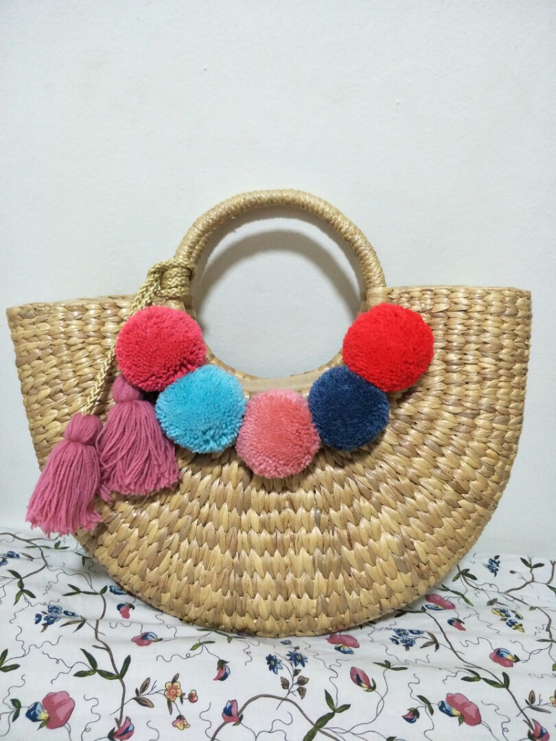 Pom Pom Straw Bag, Women's Fashion, Bags & Wallets, Beach Bags on Carousell