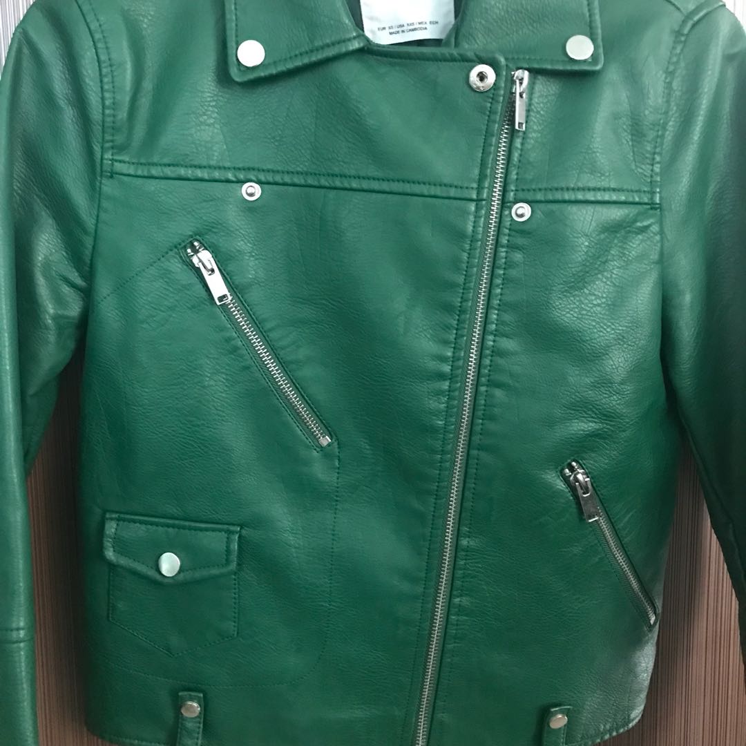 Mango Green Leather Jacket, Women's Fashion, Coats, Jackets and