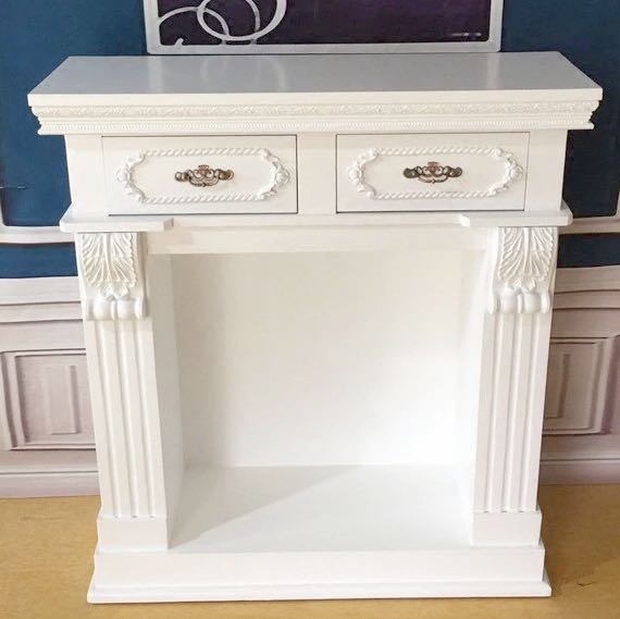 White Victorian Style Fireplace Mantle With 2 Drawers Console