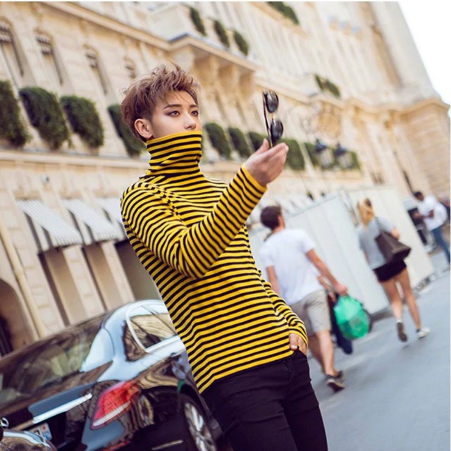 Yellow Turtleneck Stripes Long Sleeve Swag Korean Style Oppa