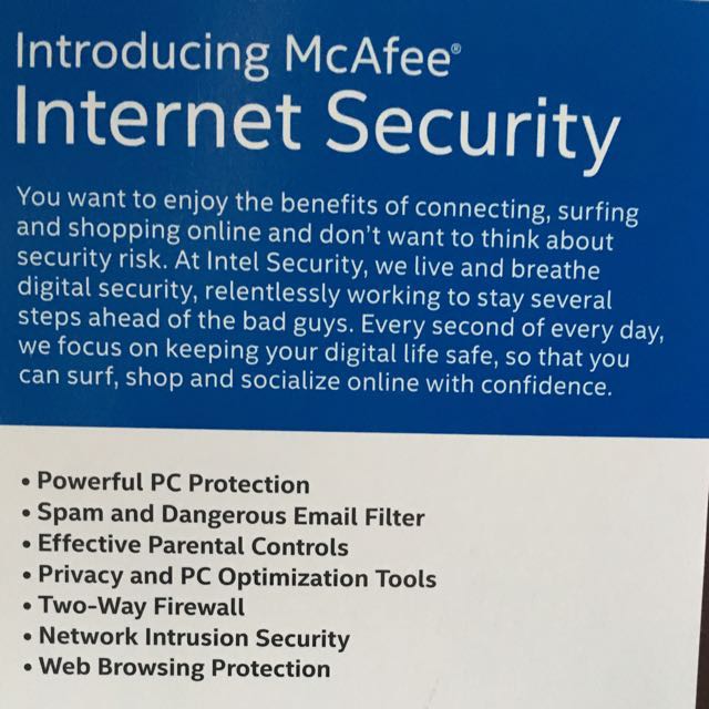 McAfee Internet Security (Category: Networking) located in Singapore. Submitted by a1broker (Listing ID 46586580, Image 1). Description: Brand New 3 Years.