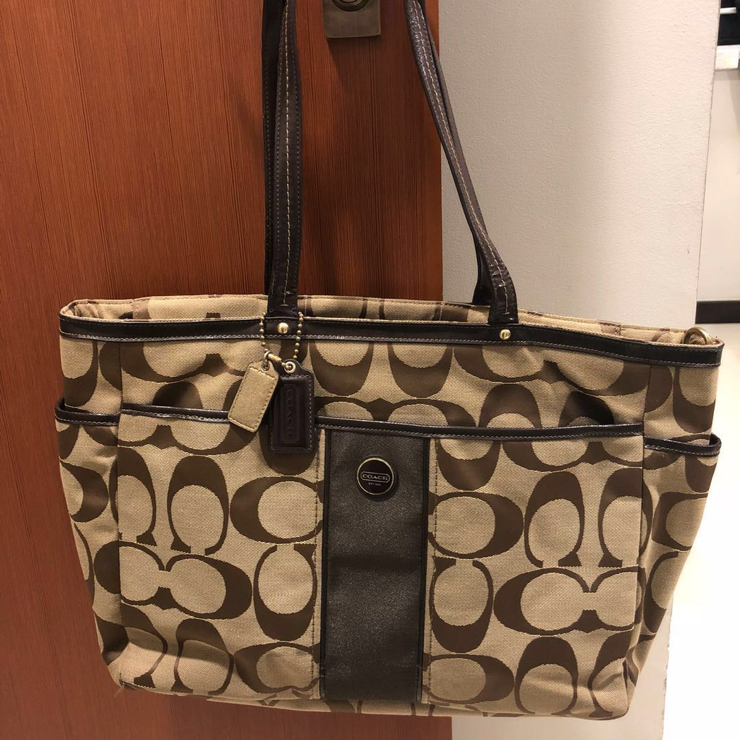 Authentic Coach Signature Print Center Stripe Multifunction Tote Brown  Jacquard Fabric Diaper Bag, Luxury, Bags & Wallets on Carousell