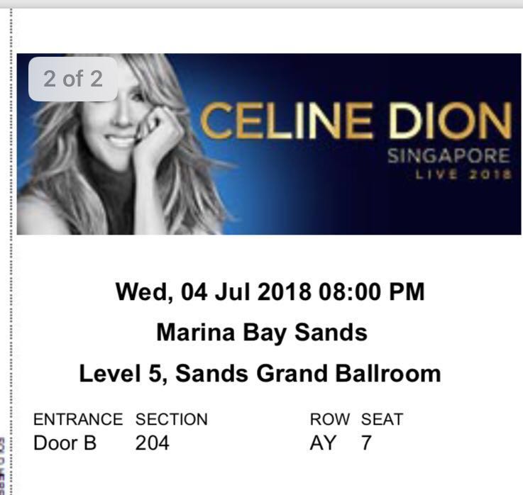 Celine Dion Ticket, Tickets & Vouchers, Local Attractions & Transport