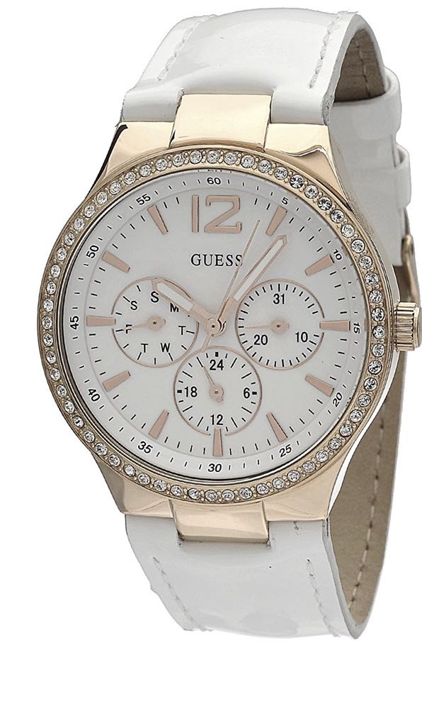 GUESS Women’s W13556L1 Round Case Gold Dial Crystal Bezel White Leather ...