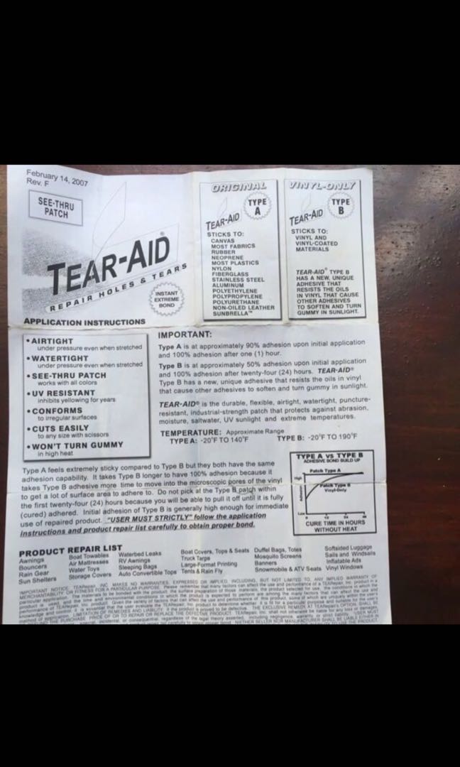 TEAR-AID PATCH TAPE A 3" x 6" AIR MATTRESS WATERBED REPAIR EXTREME BOND 