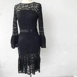 Premium Super Soft Lace Long sleeve mermaid black dress cocktail  party long dress