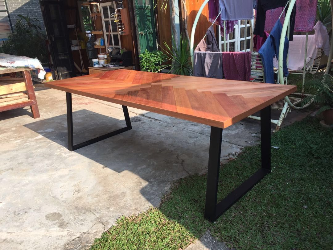 Nyatoh wood herringbone dining table (8 seaters), Furniture & Home