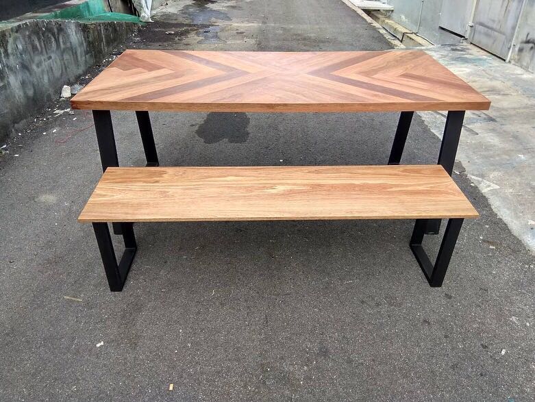 Nyatoh wood herringbone pattern dining table (6 seater), Furniture