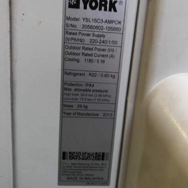 1.5HP WALL MOUNTED AIR CON YORK, TV & Home Appliances, Kitchen