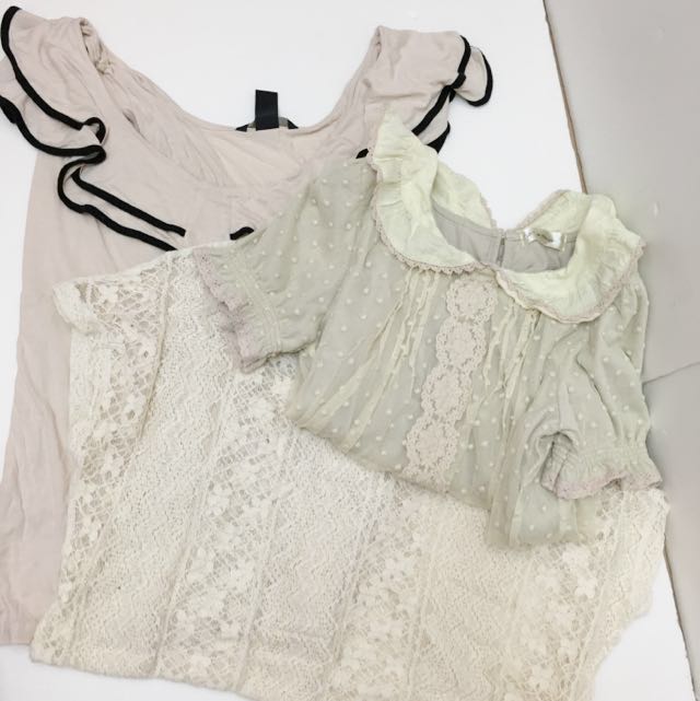 福袋三件ol H M Top飛袖包邊靚可愛蕾絲lace Top公主領透花蕾絲tee Top 女裝 Carousell