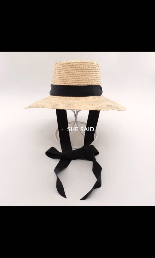 Straw hat with ribbon tie clearance
