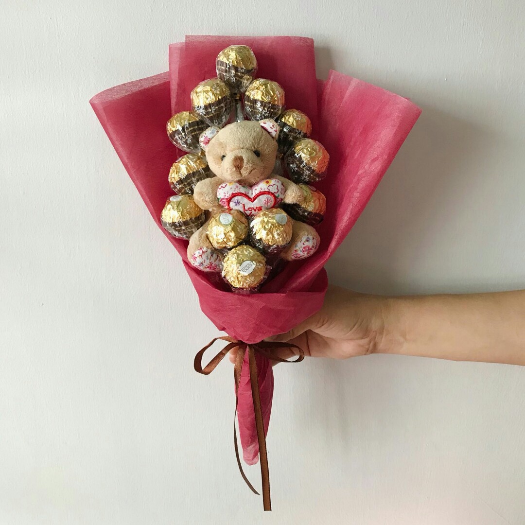 Ferrero Rocher Bouquet With Mini Bear Gardening Flowers Bouquets On Carousell