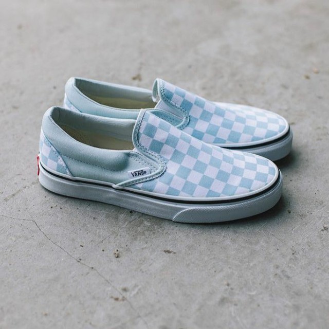 baby blue checkered vans slip ons