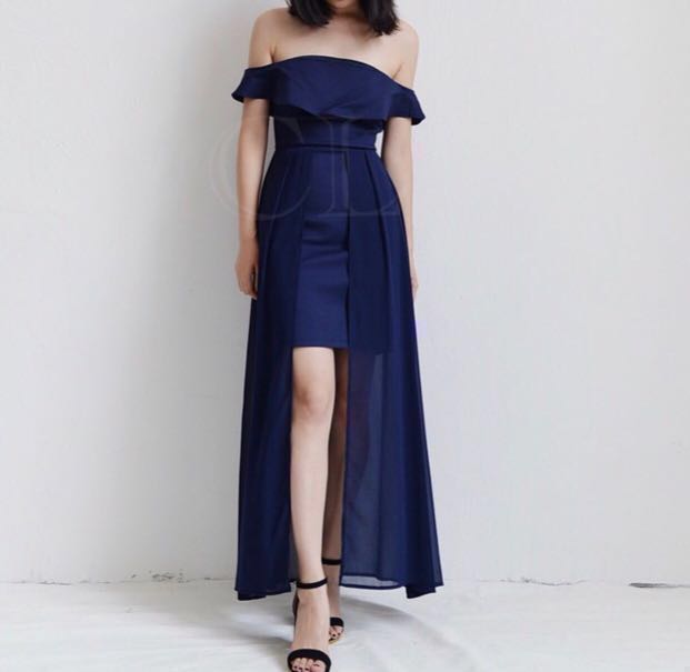 off the shoulder dark blue dress
