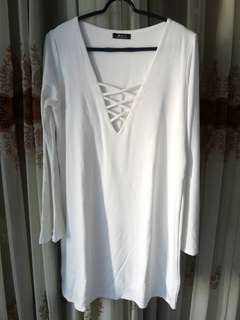 White Lace Up Dress with Bell Sleeves